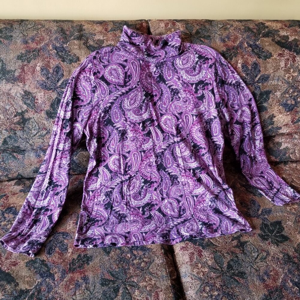 Paisley purples/black turtle neck, cotton top, XL, vintage Jones New York